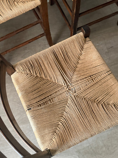 Scandinavian pine and cord dining chairs. Sold in pairs.