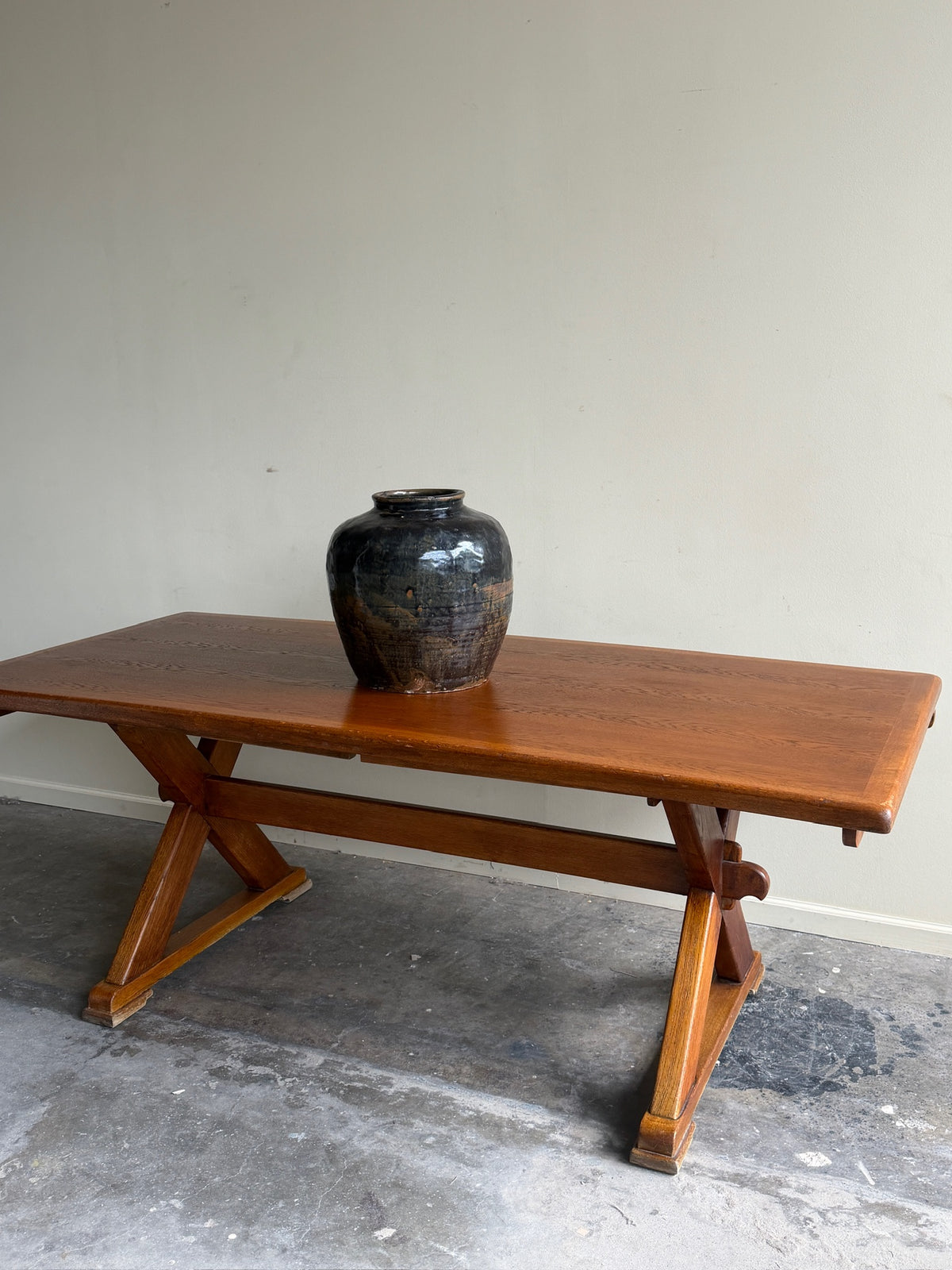 Dutch Brutalist oak X-frame dining table
