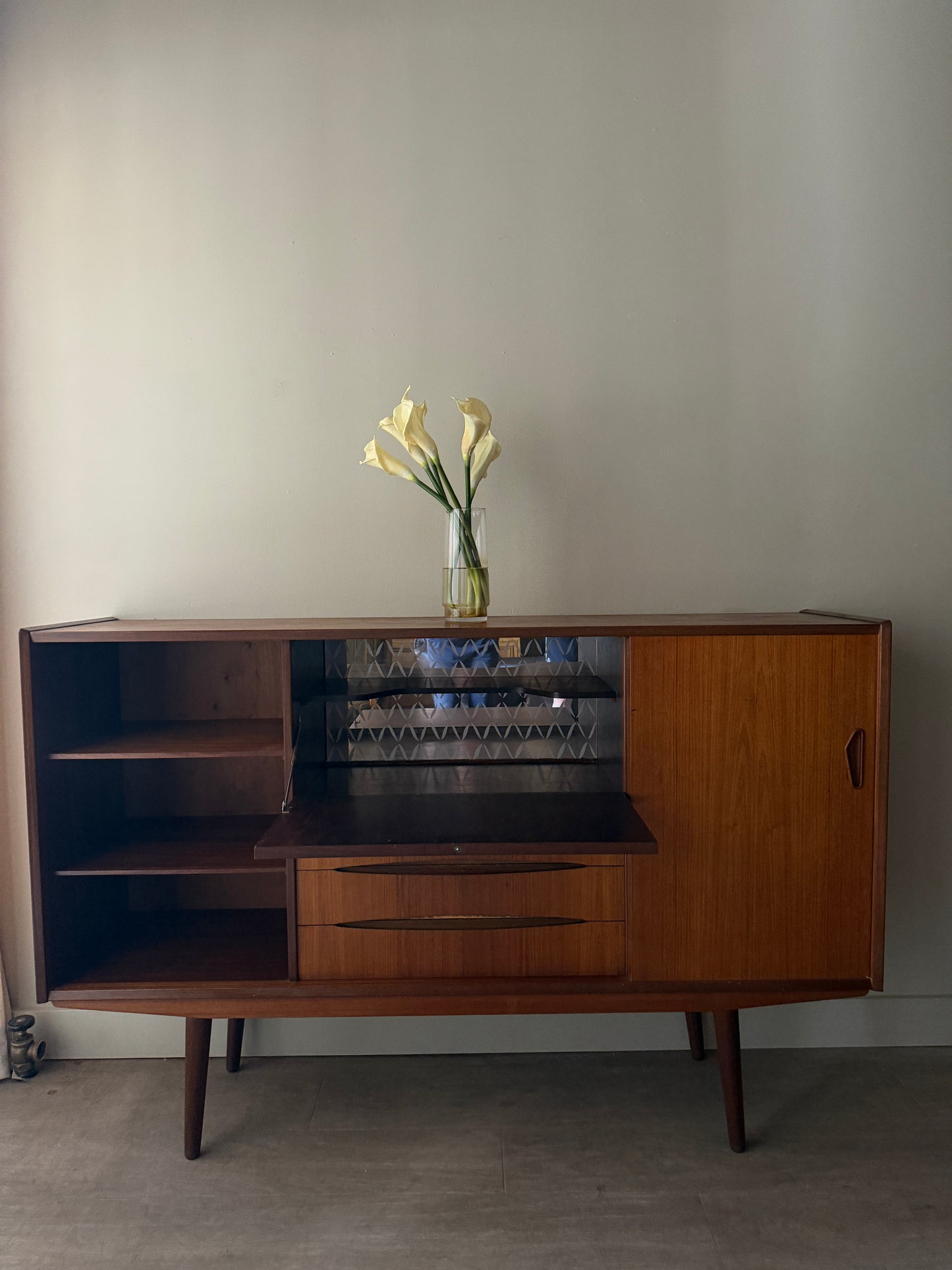 Danish teak sideboard with drop down bar