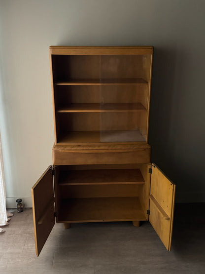 Heywood Wakefield maple two piece display cabinet