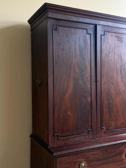Georgian mahogany two piece linen press