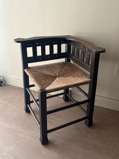 Dutch oak rush seat corner chair