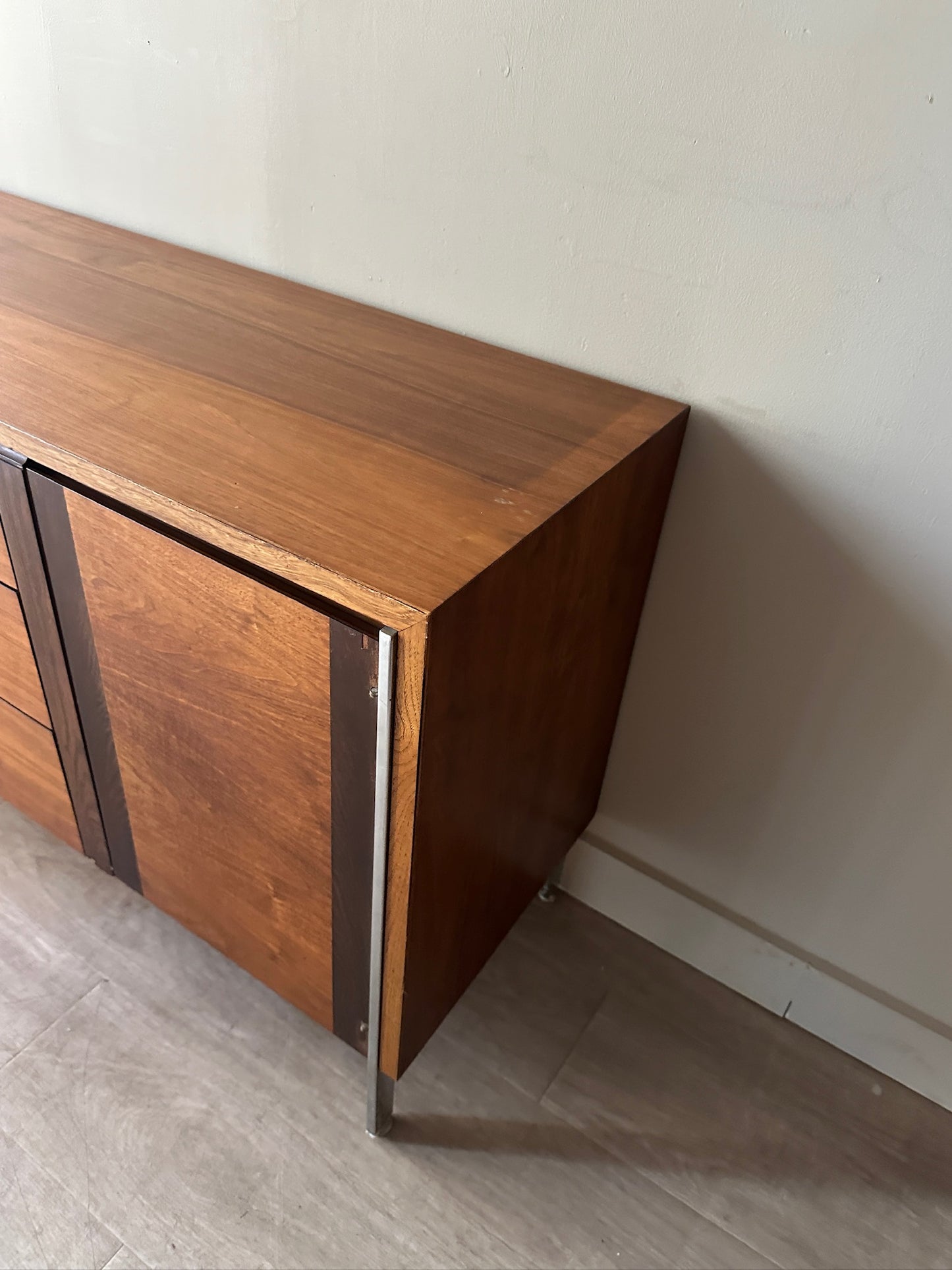 Lane walnut credenza with chrome hardware