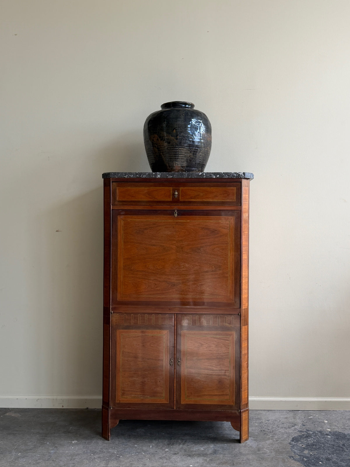Walnut & mahogany marble top secretary cabinet