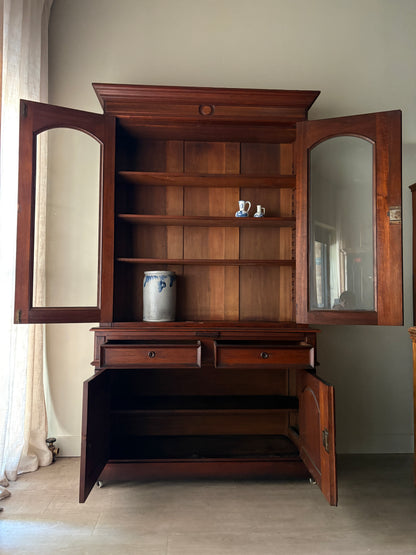 Victorian walnut two piece display hutch with writing slide