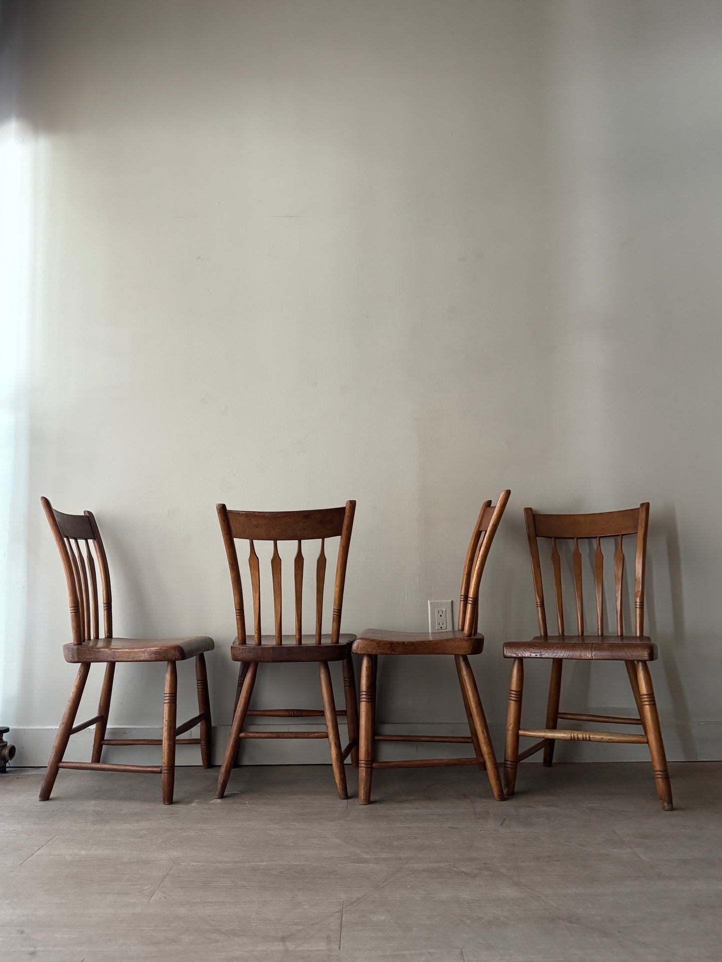 Pine plank seat dining chairs. Sold as a set of 4.