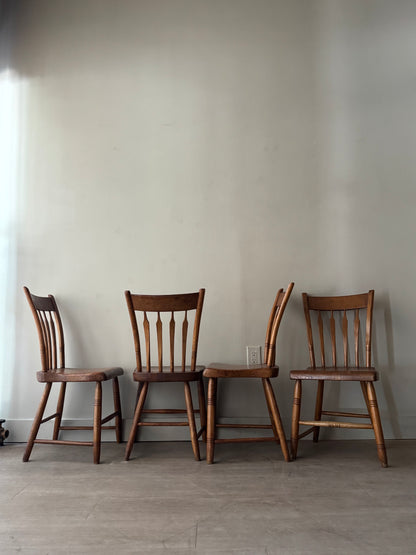 Pine plank seat dining chairs. Sold as a set of 4.