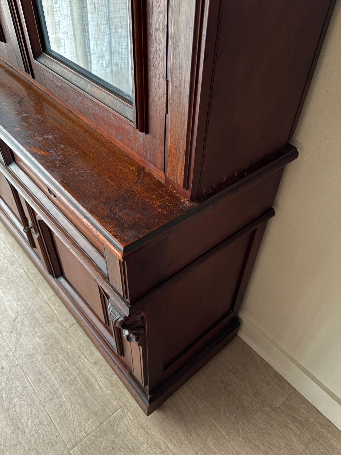 Victorian walnut two piece display hutch with writing slide