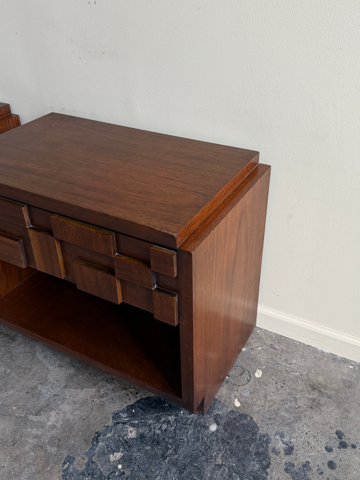 Lane Brutalist walnut nightstands. Sold as a pair.