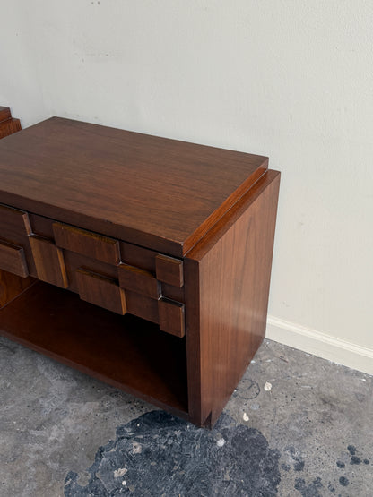 Lane Brutalist walnut nightstands. Sold as a pair.