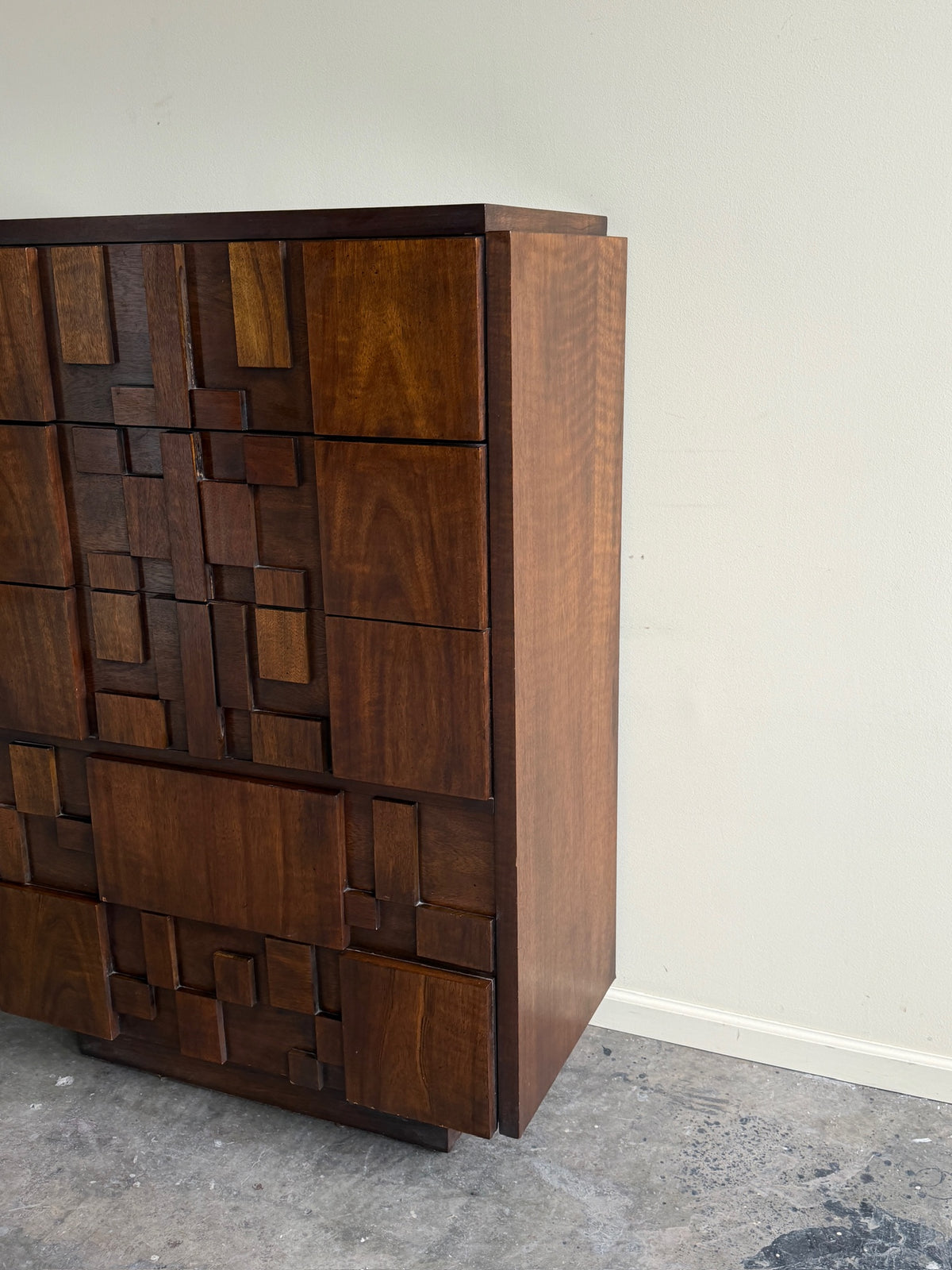 Lane Brutalist walnut tallboy dresser