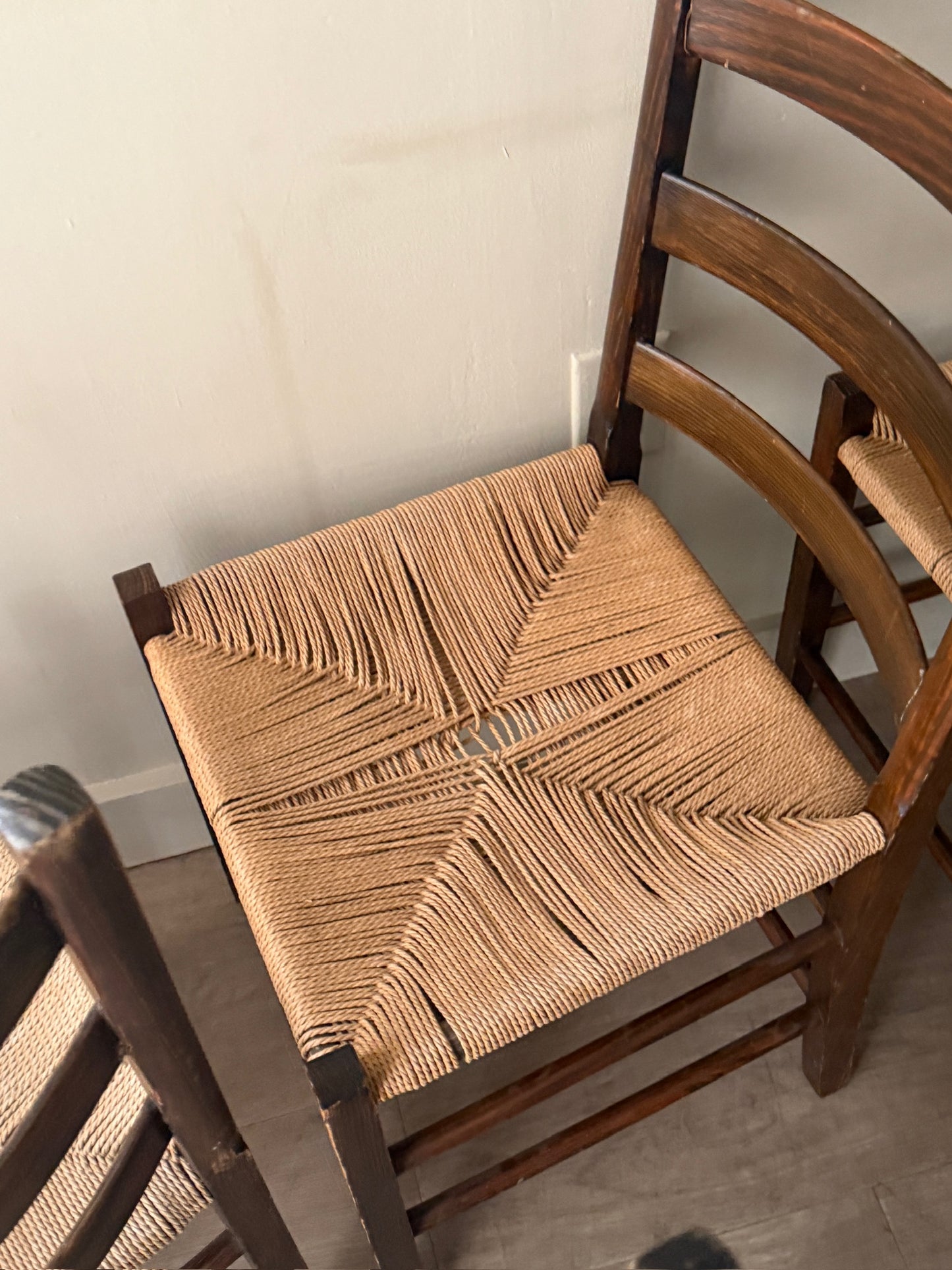 Scandinavian pine and cord dining chairs. Sold in pairs.