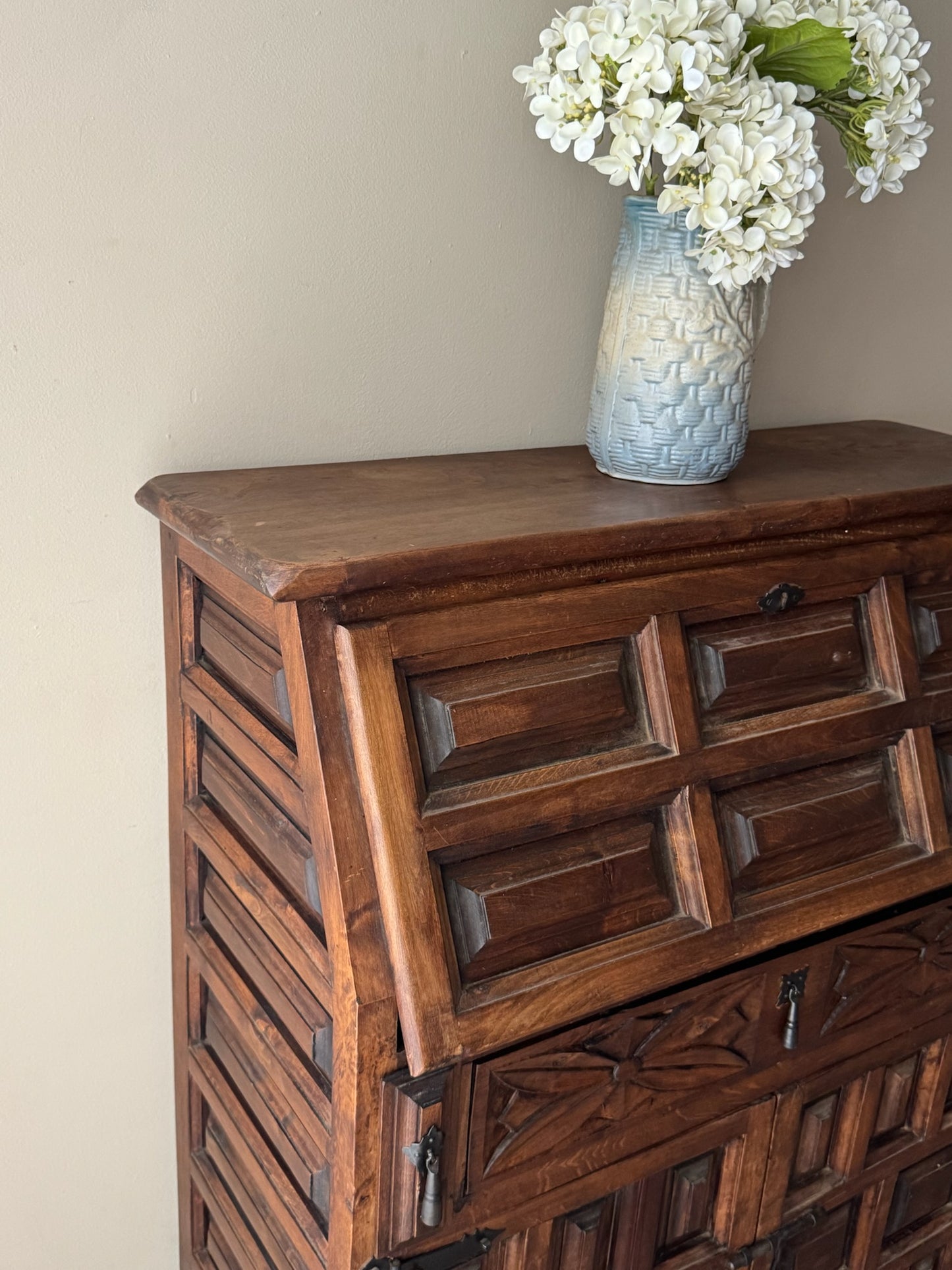 Spanish carved pine secretary cabinet