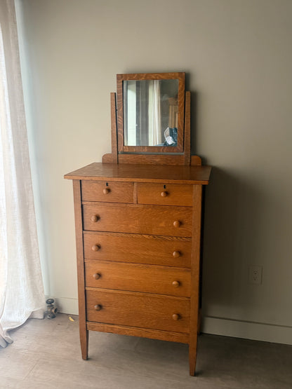 Golden oak tallboy with mirror