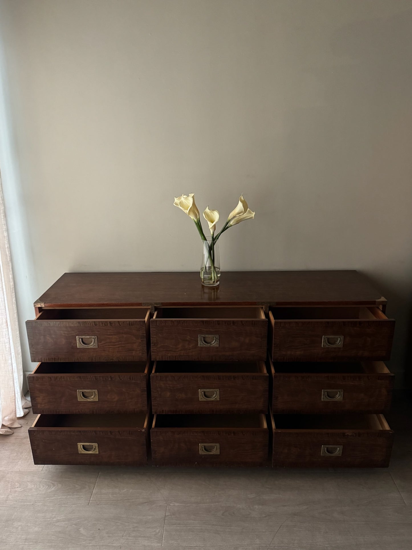 Drexel campaign 9 drawer walnut dresser
