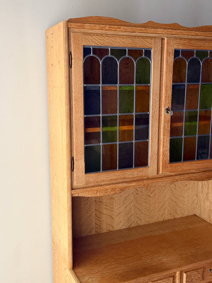 Danish oak & stained glass two piece hutch