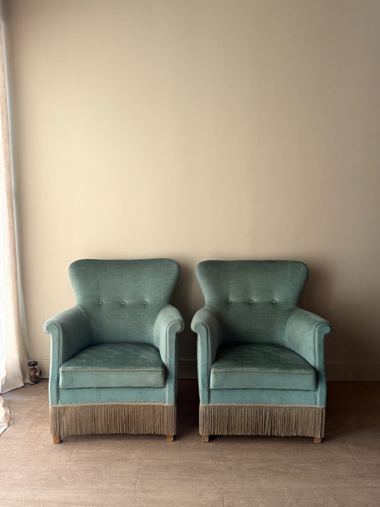 Danish velvet lounge chairs. Sold individually.