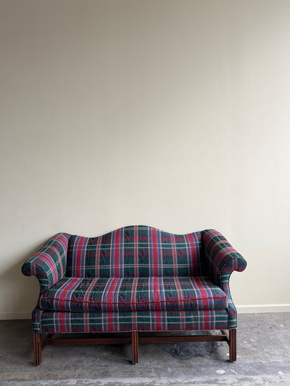 Camelback loveseat in plaid moiré upholstery