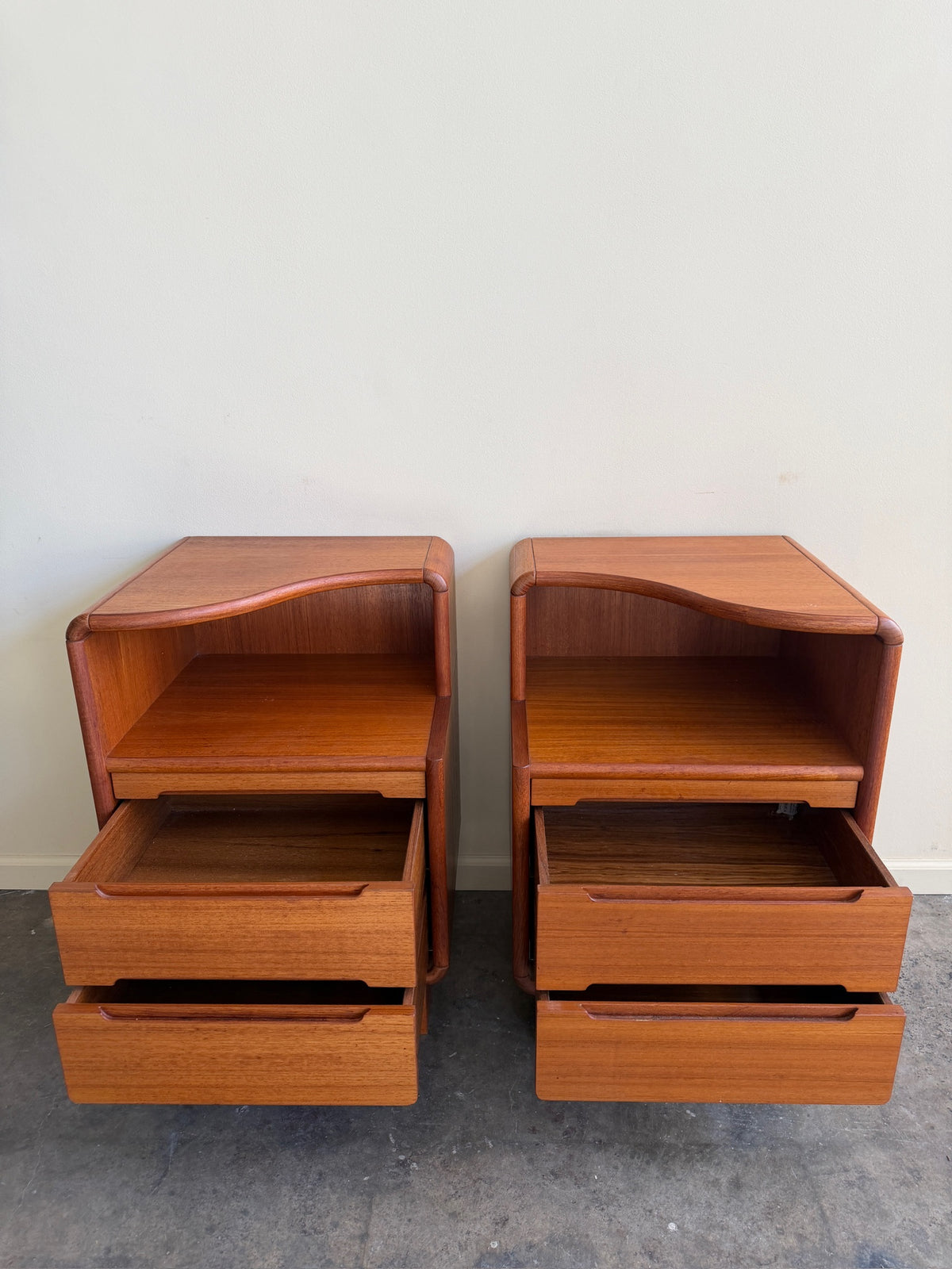 Sun Cabinet Co. teak nightstands. Sold as a pair.