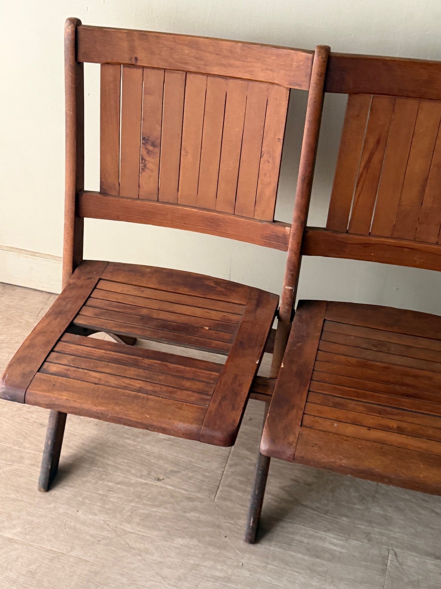 Folding slatted pine bench
