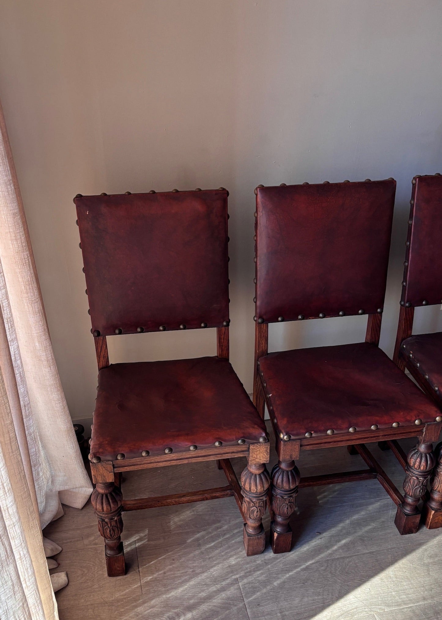 Leather and oak dining chairs. Sets of 2.