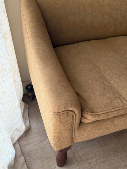 Damask upholstered settee with turned walnut legs