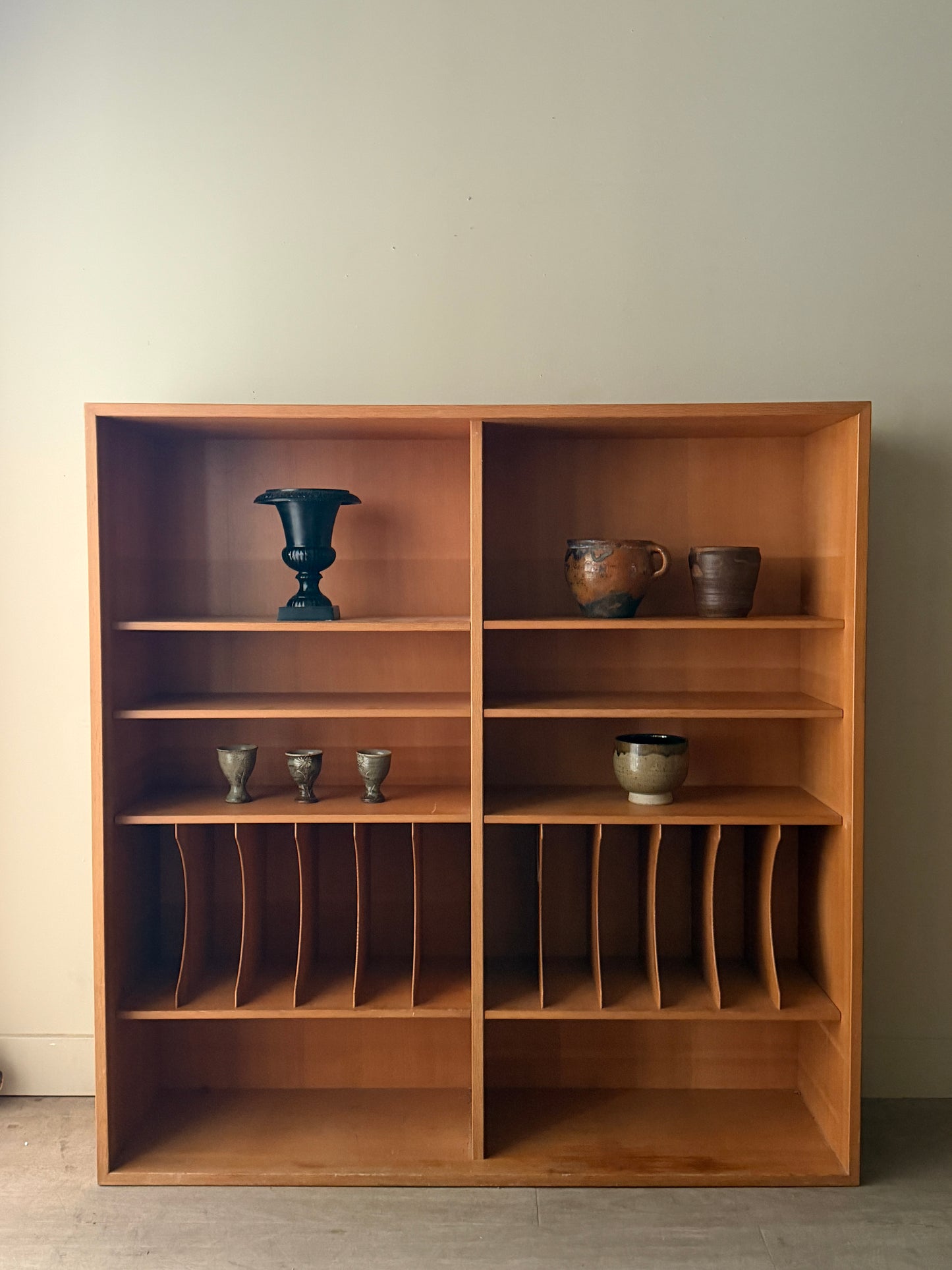 Scandinavian pine bookcase with record storage