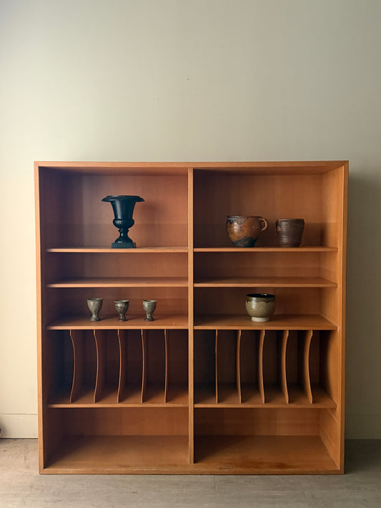 Scandinavian pine bookcase with record storage