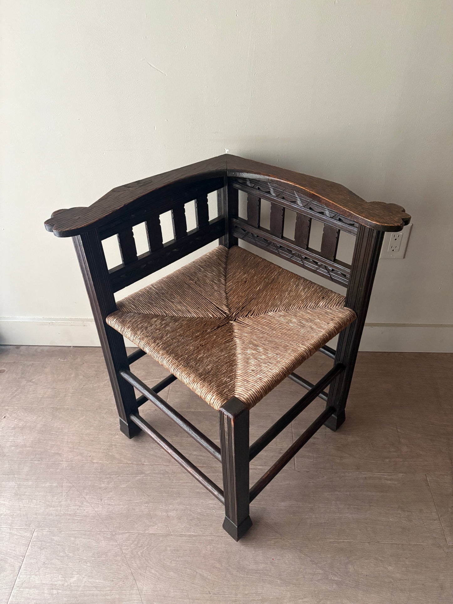 Dutch oak rush seat corner chair