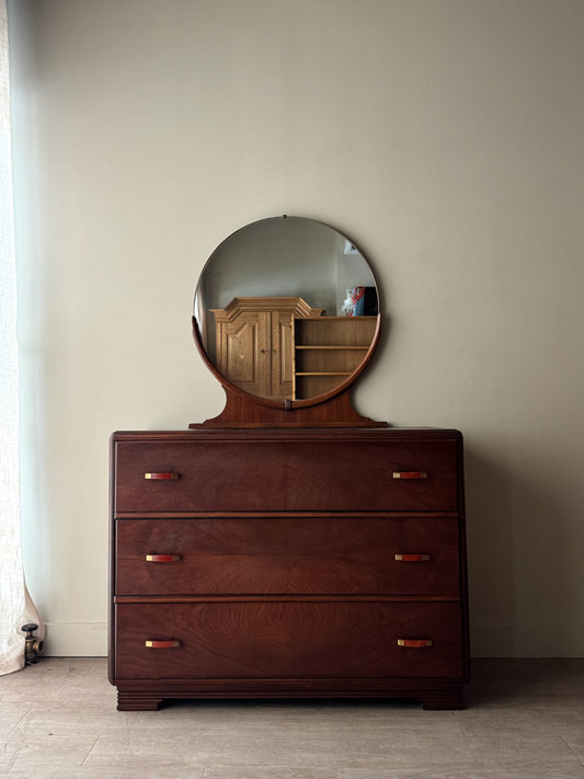 Deco walnut 3 drawer dresser with mirror