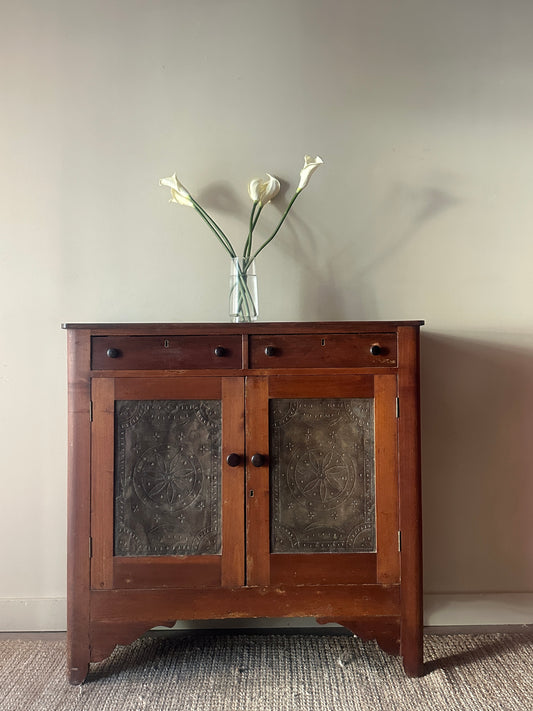 Pine pie safe with pinched tin