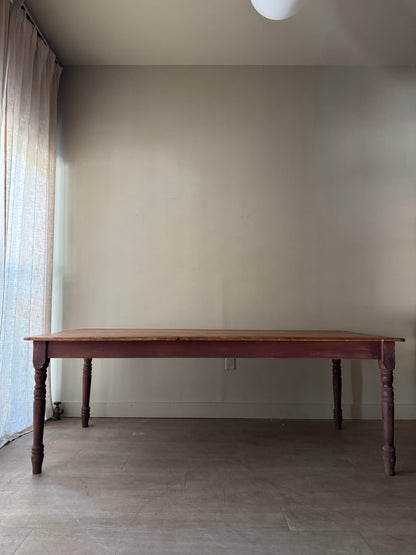 Red painted pine farm table with scrubbed top