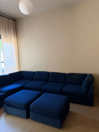 Sapphire blue modular sofa with ottomans