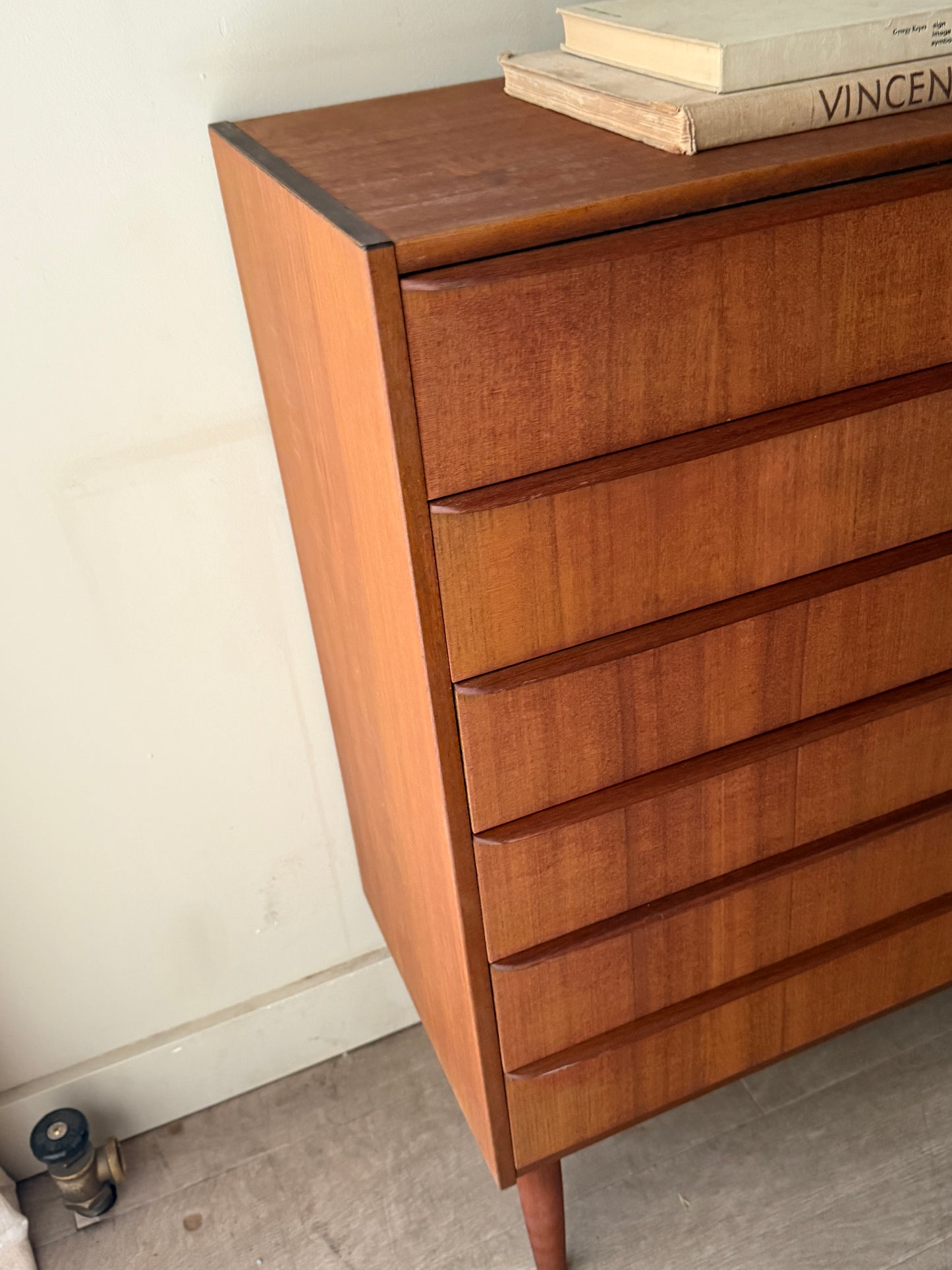 Danish teak tallboy dresser (right)