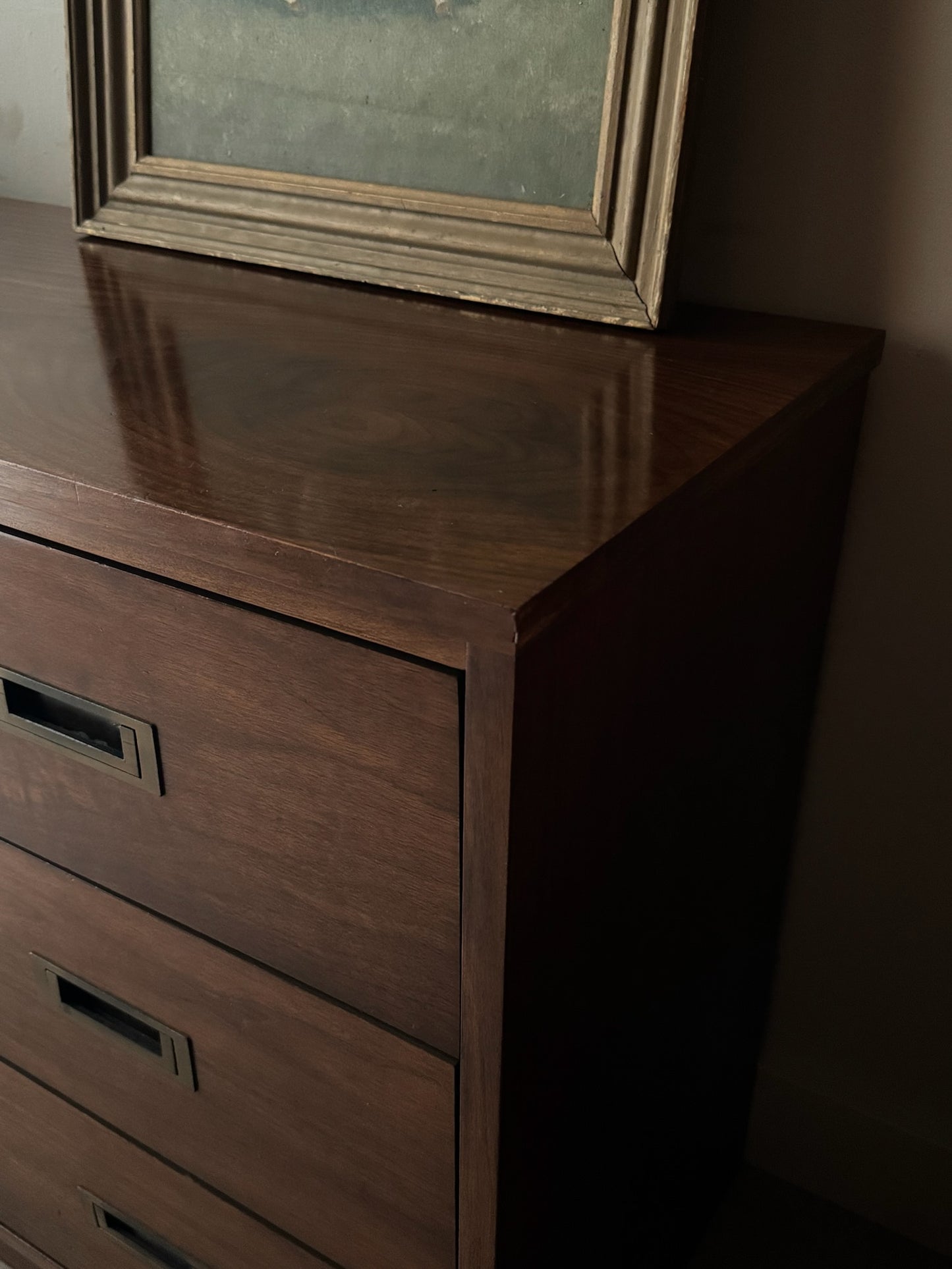 Campaign walnut 9 drawer dresser