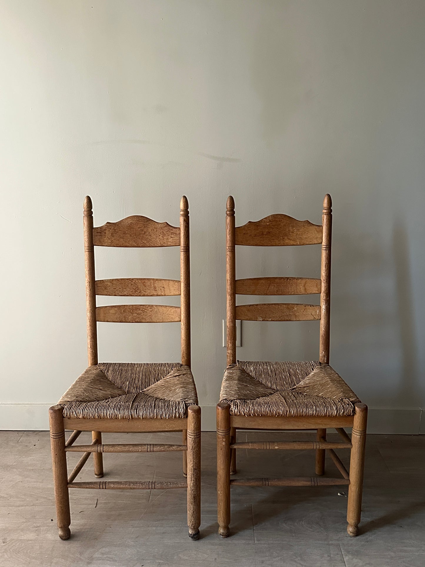 White oak rush seat dining chairs. Sets of 2.
