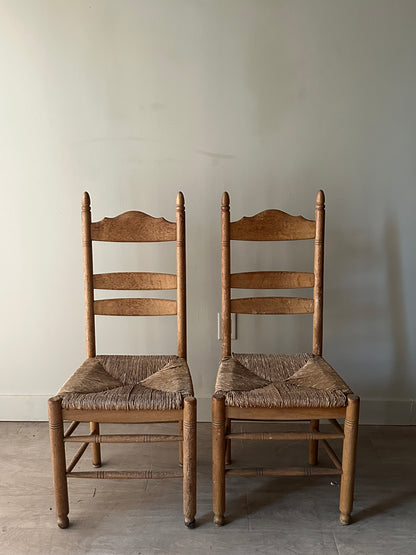 White oak rush seat dining chairs. Sets of 2.