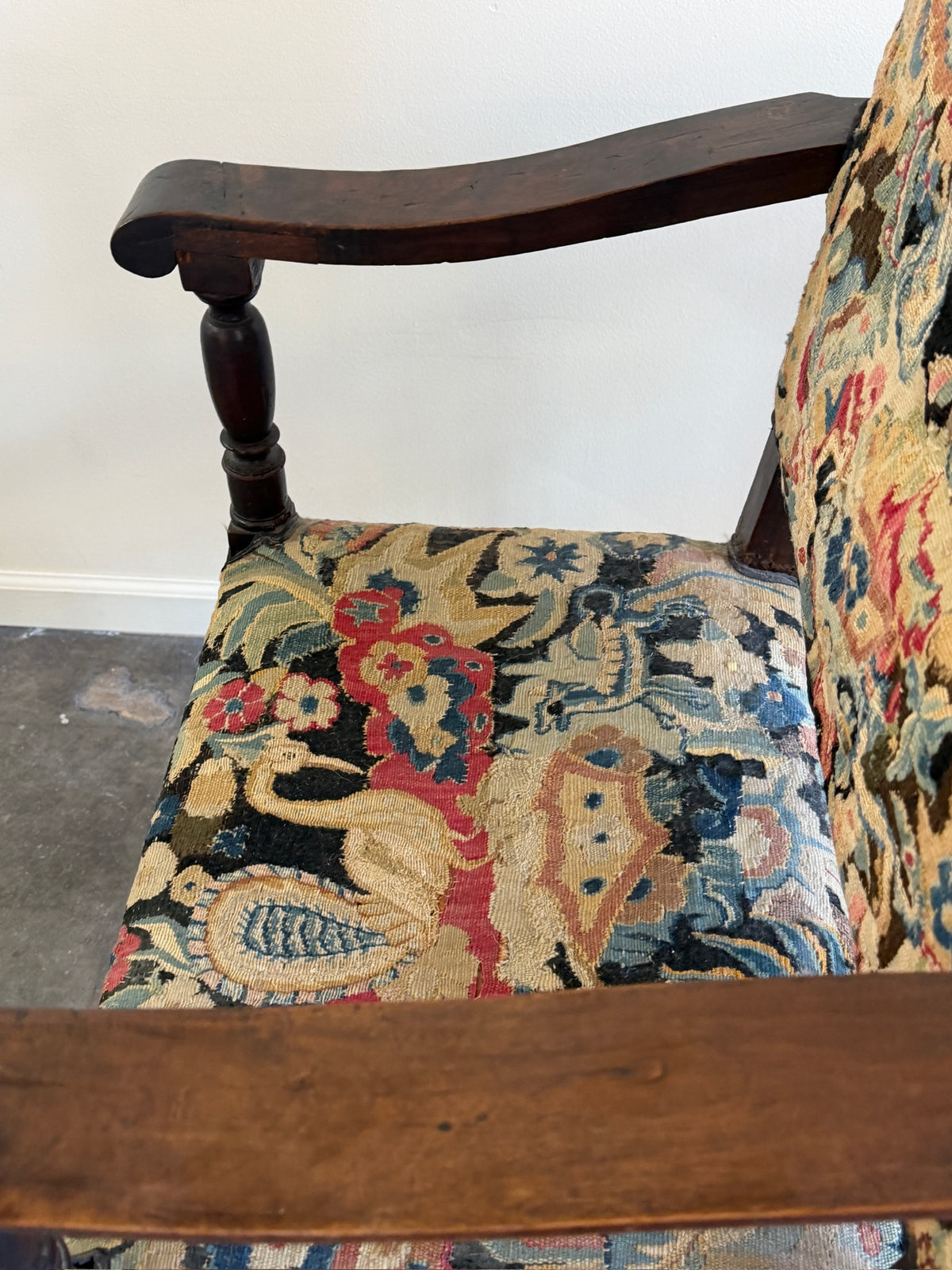 Italian Baroque upholstered walnut armchairs (left)