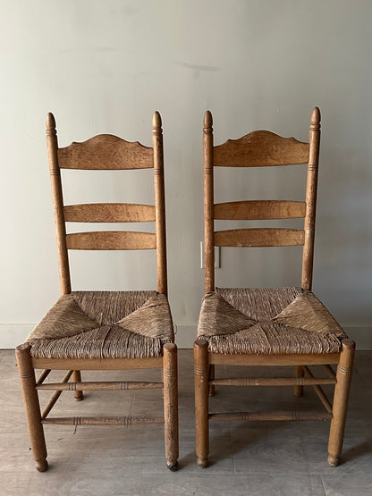 White oak rush seat dining chairs. Sets of 2.