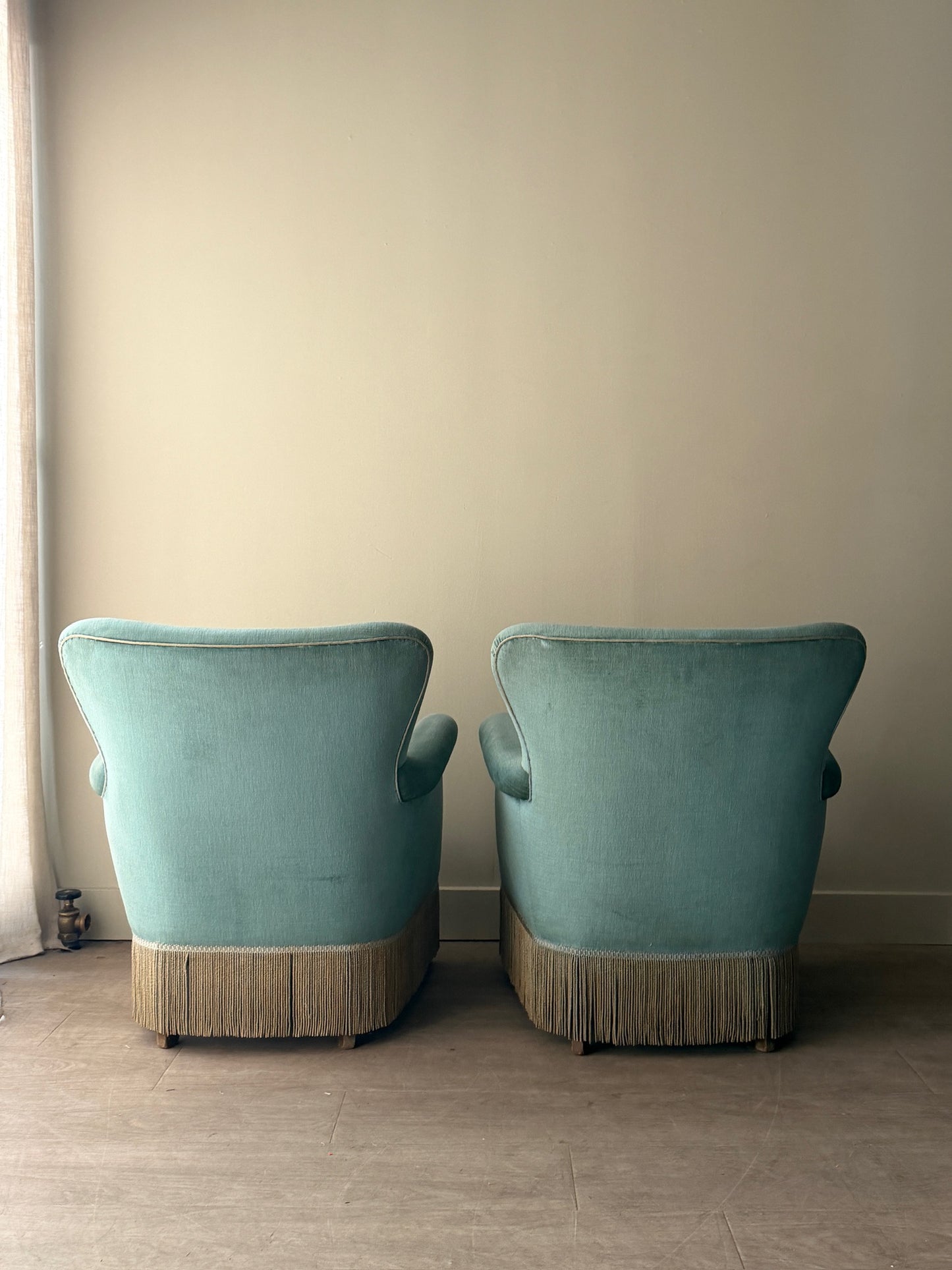 Danish velvet lounge chairs. Sold individually.