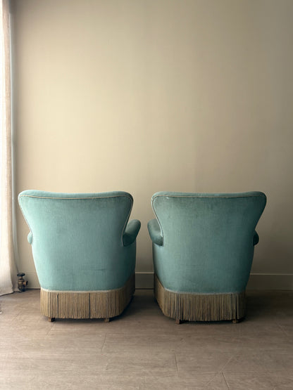 Danish velvet lounge chairs. Sold individually.
