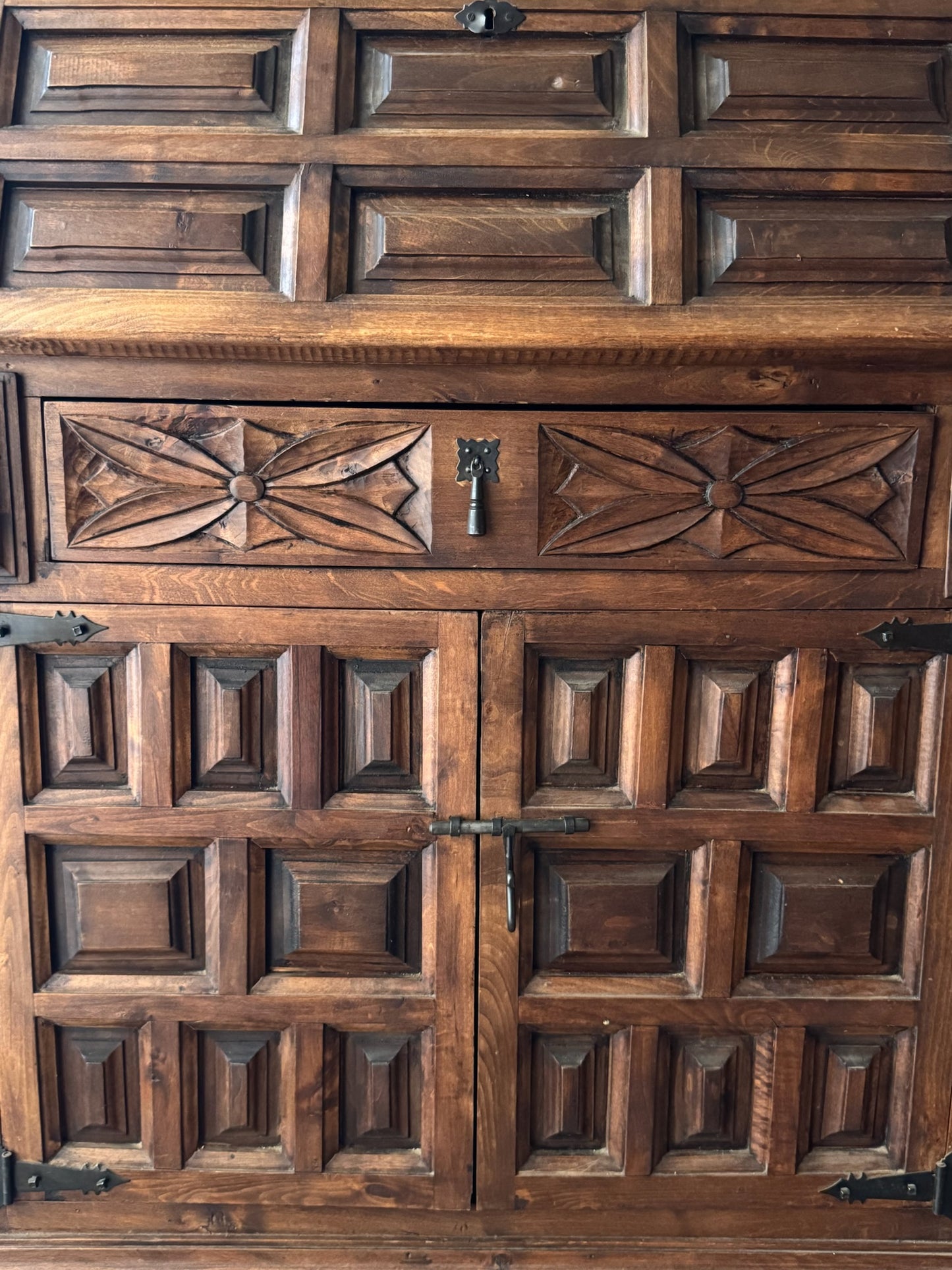 Spanish carved pine secretary cabinet