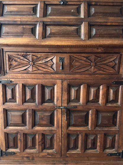 Spanish carved pine secretary cabinet