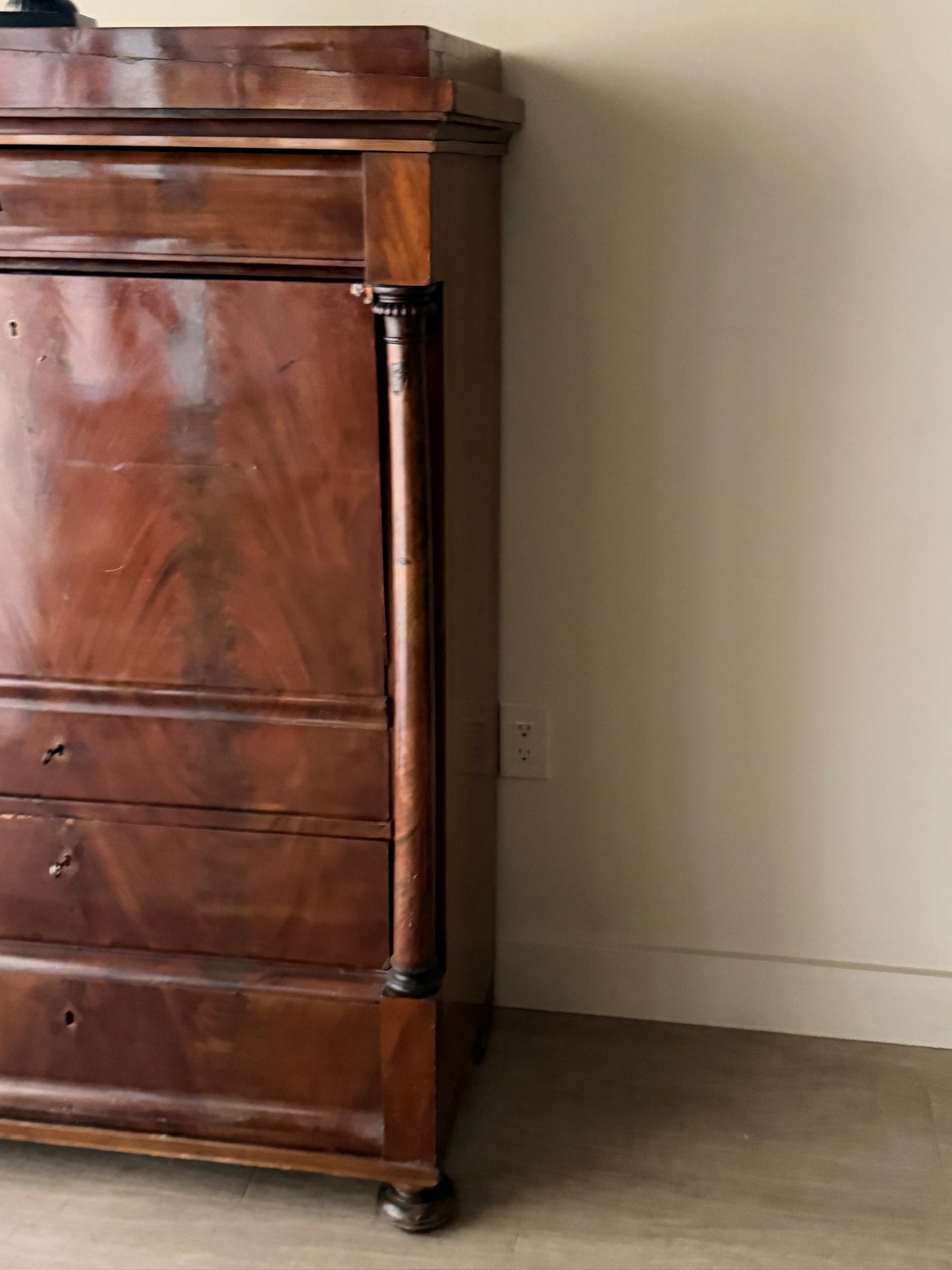 Burl mahogany secretary chest