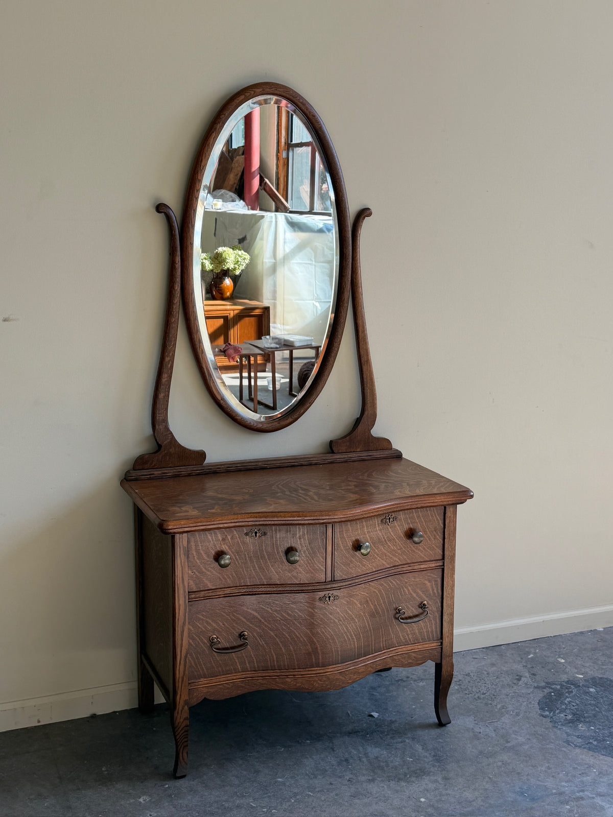 Golden oak dresser with mirror