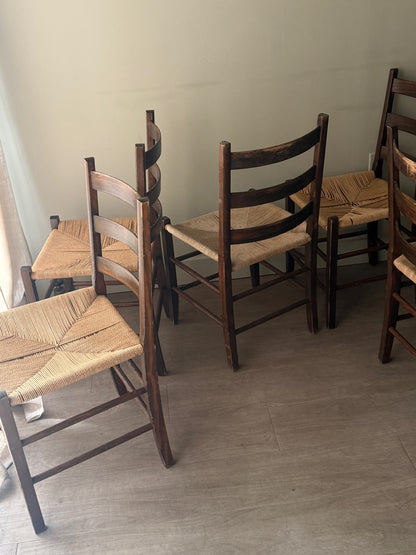 Scandinavian pine and cord dining chairs. Sold in pairs.