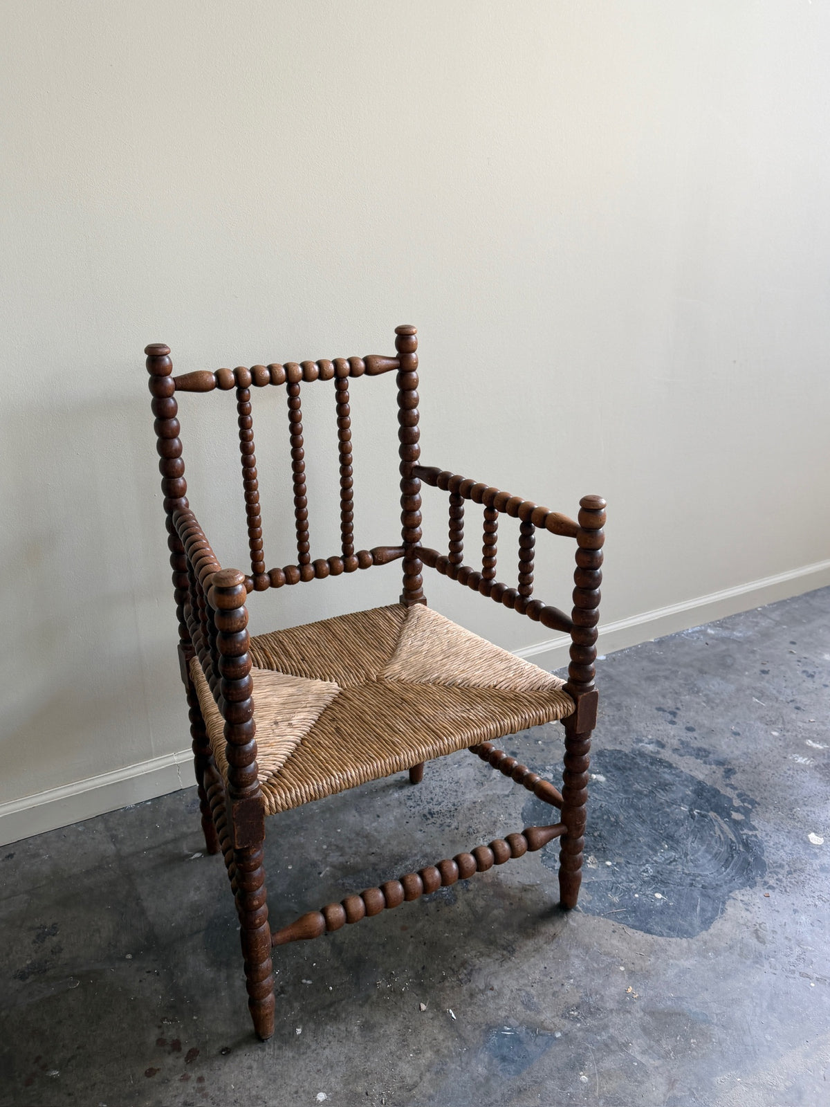 Dutch bobbin oak rush seat armchair