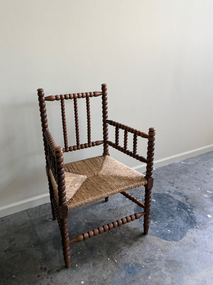 Dutch bobbin oak rush seat armchair