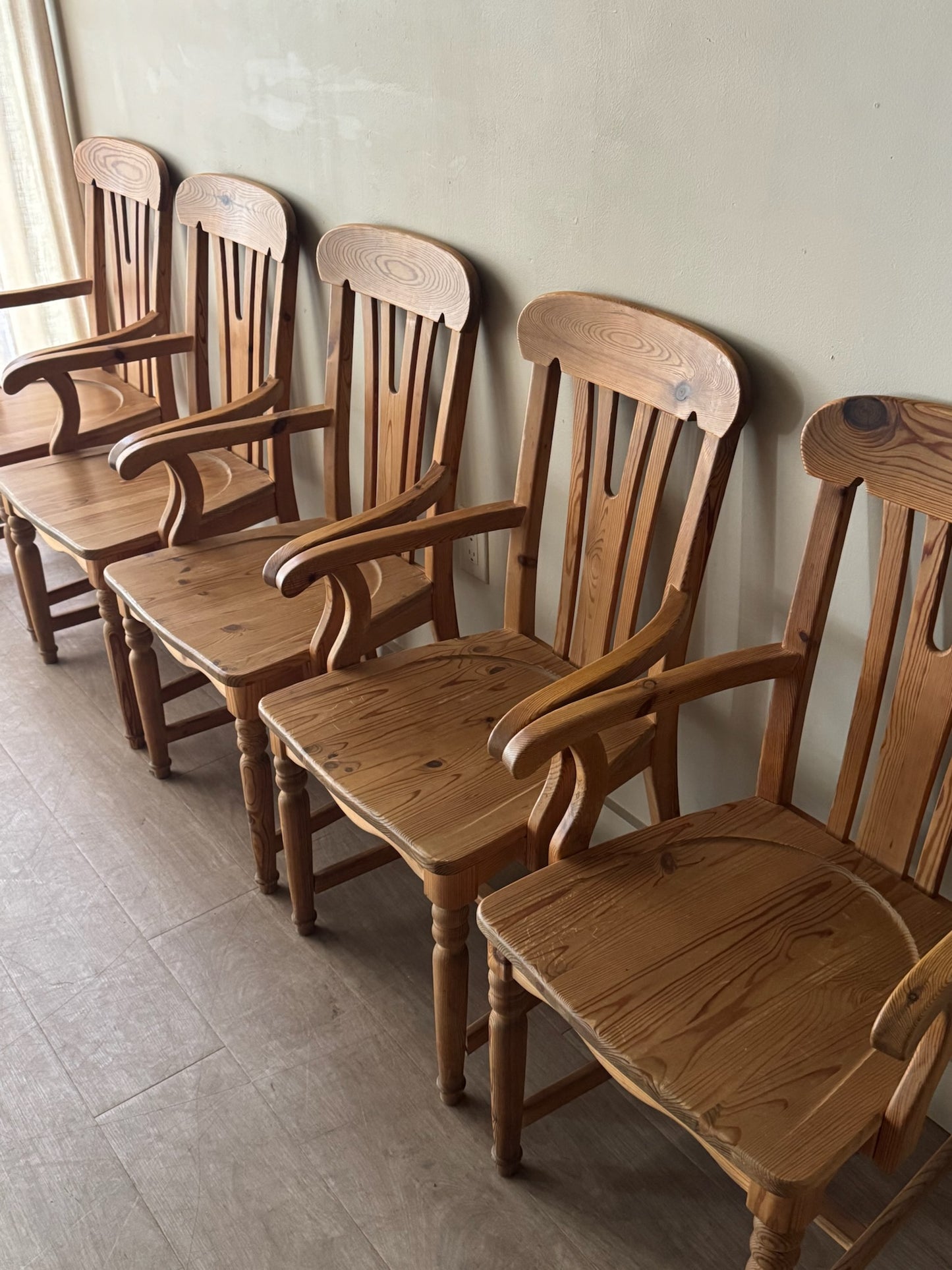 Scandinavian pine dining chairs. Sold in pairs.