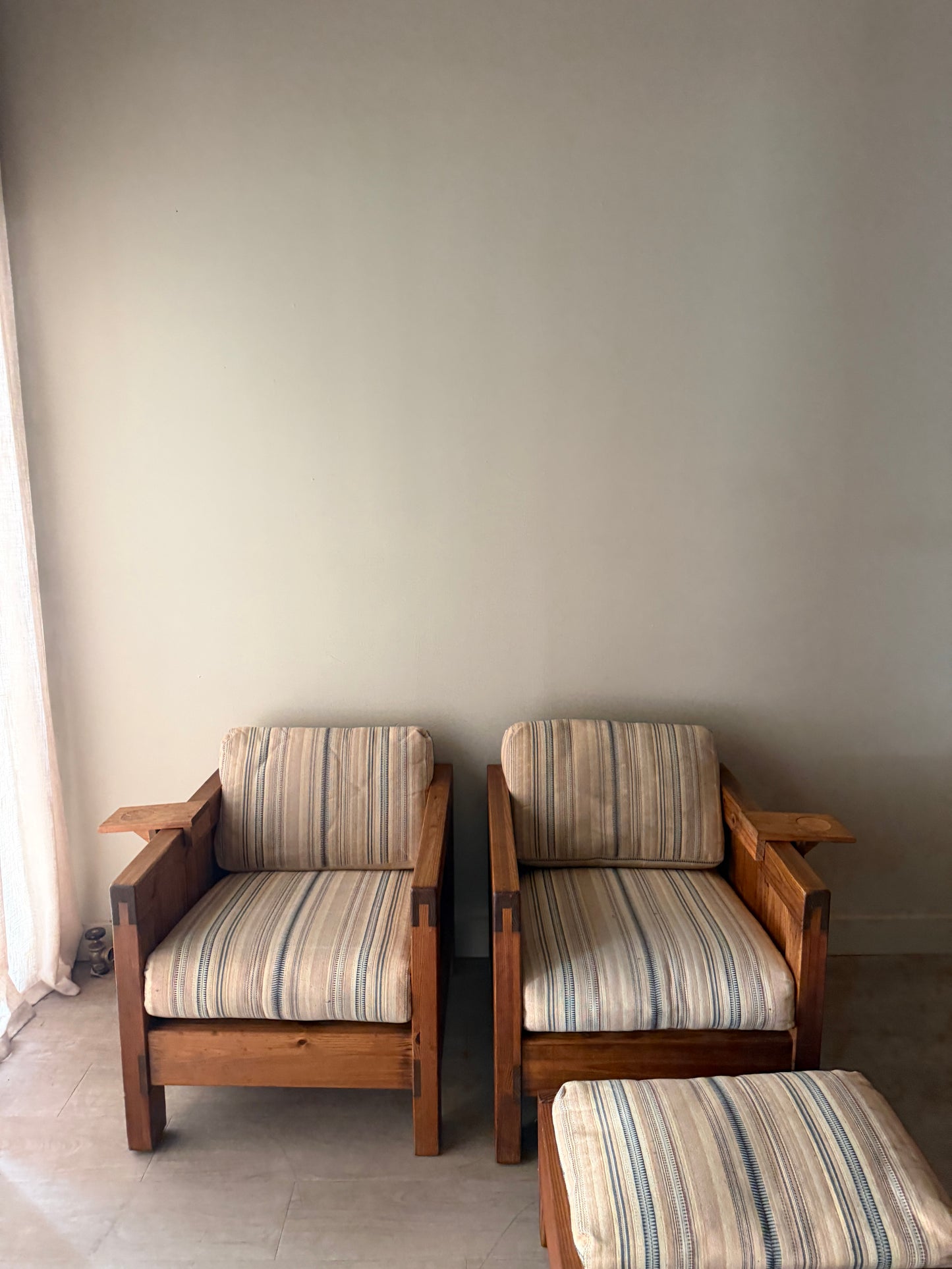 Brutalist pine lounge chairs with ottoman. Sold individually.